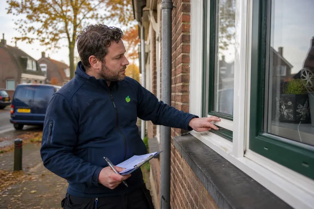 Man met klembord controleert een kozijn tijdens een inspectie.