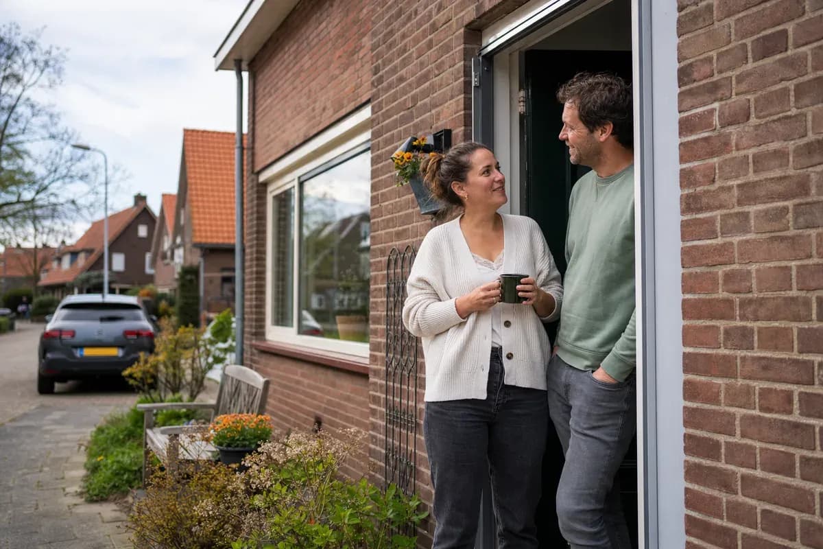 Man en vrouw staan glimlachend te praten bij de voordeur van hun woning, de vrouw met een kop koffie in de hand.