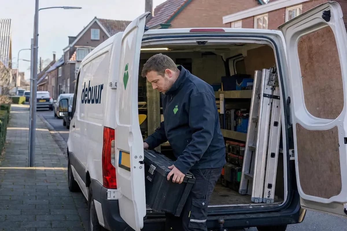 Vakman tilt een gereedschapskoffer uit een goed gevulde bestelbus, met een ladder en opbergvakken zichtbaar.